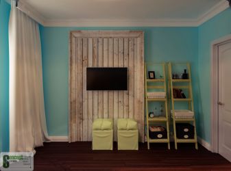 dizajn-proekt-interera-kvartiry-Sankt-Peterburg-Anton-Shljapin-Natalja-Zdanovich-ZhK-Junion-spalnja-kantri-fjuzhn-derevjannaja-nastennaja-panel-pod-tv-steganyj-puf-otkrytye-stellazhi-podnos-temnyj-laminat